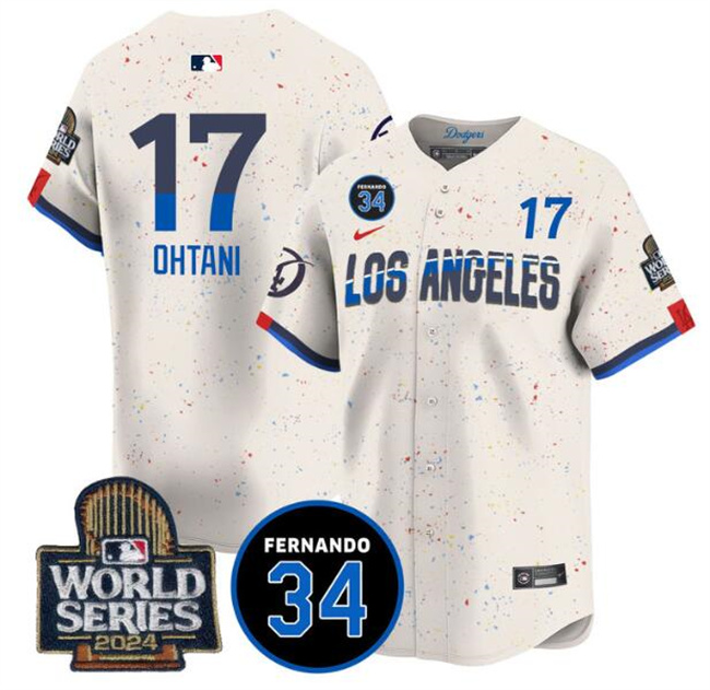 Men's Los Angeles Dodgers #17 Shohei Ohtani Cream 2024 World Series With Fernando Memorial Patch City Connect Limited Stitched Baseball Jersey Men's Los Angeles Dodgers #17 Shohei Ohtani Cream 2024 World Series With Fernando Memorial Patch City Connect Limited Stitched Baseball Jersey